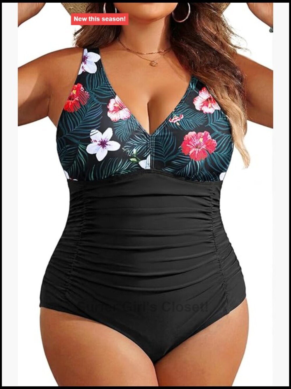 Plus Size Tummy Control One Piece Swimsuit Ruched V Neck Bathing Suit